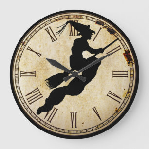Grande Horloge Ronde Silhouette de sorcière d'Halloween Face d'horlog