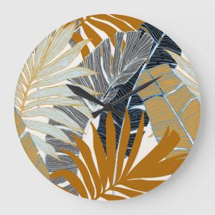 Grande Horloge Ronde Silhouette Feuille Tropicale Dorée