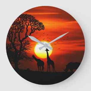 Grande Horloge Ronde Silhouettes africaines d'animal de coucher du