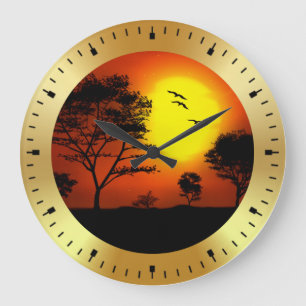 Grande Horloge Ronde Silhouettes de palmiers au coucher du soleil-68607