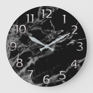 Grande Horloge Ronde Silver Grey Gris Arabe Numéros Marbre Noir