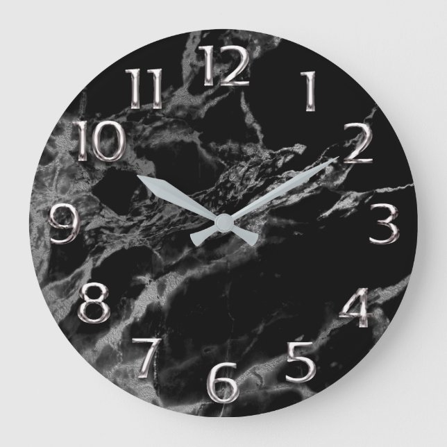 Grande Horloge Ronde Silver Grey Gris Arabe Numéros Marbre Noir (Recto)