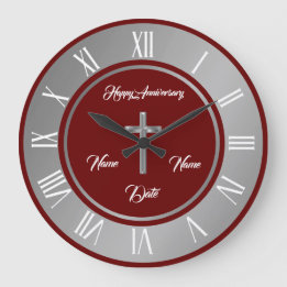 Grande Horloge Ronde Simple Croix Personnaliser Anniversaire Argent