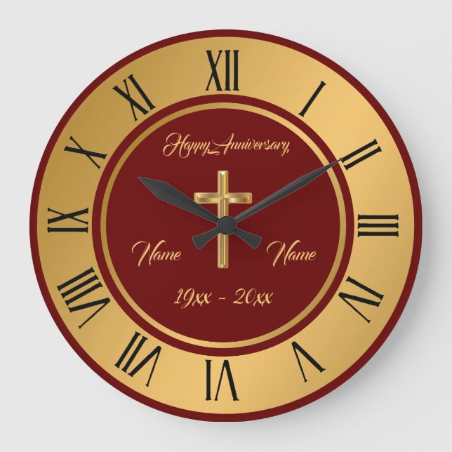 Grande Horloge Ronde Simple Croix Personnaliser Or Anniversaire (Recto)