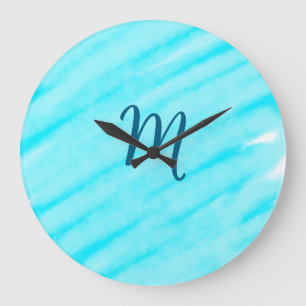 Grande Horloge Ronde simples lignes bleu clair aquarelle ajoutez votre