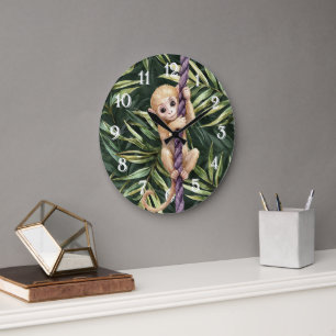 Grande Horloge Ronde Singe Corde Violette Feuilles Vertes