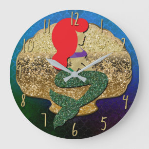 Grande Horloge Ronde Sirène aux Cheveux Roux Coquillage Doré
