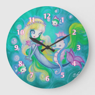 Grande Horloge Ronde Sirène avec l'hippocampe et les poissons