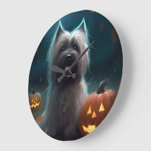 Grande Horloge Ronde Skye Terrier Halloween avec citrouilles effrayante