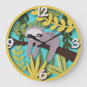 Grande Horloge Ronde Sloth Haven : Pépinière Whimsical Papercut
