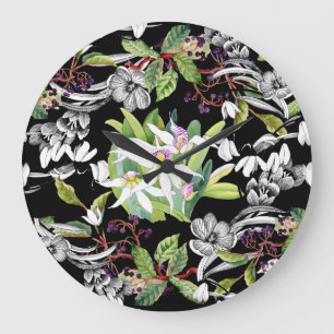 Grande Horloge Ronde Snowdrops & Orchidées : Motif noir croisé