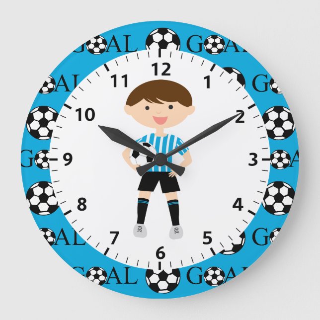 Grande Horloge Ronde Soccer Boy 1 Bleu clair et Blancs Objectif (Recto)