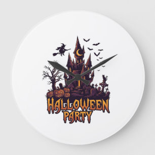 Grande Horloge Ronde Soirée Halloween Château Hanté Citrouilles Chauves