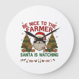 Grande Horloge Ronde Sois Gentil Fermier Père Noël Animaux de la Ferme 