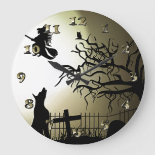 Grande Horloge Ronde Sorcière de Halloween et chien d'hurlement