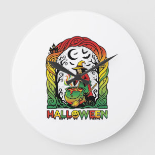 Grande Horloge Ronde Sorcière d'Halloween Chaudron Brasserie Chat Noir