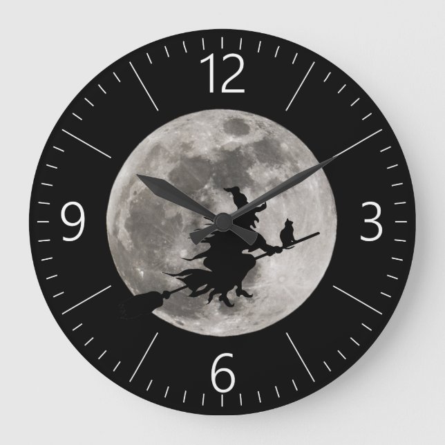 Grande Horloge Ronde Sorcière volante avec une lune brillante derrière  (Recto)