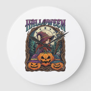 Grande Horloge Ronde Sorcières d'Halloween Citrouilles Phases de la Lun