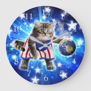 Grande Horloge Ronde Space cat jouant au basket