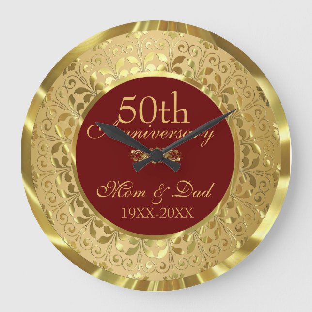 Grande Horloge Ronde Sparkling Gold Damask 50e anniversaire de Mariage (Recto)