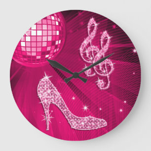 Grande Horloge Ronde Sparkly Hot Pink Music Note & Stiletto Très