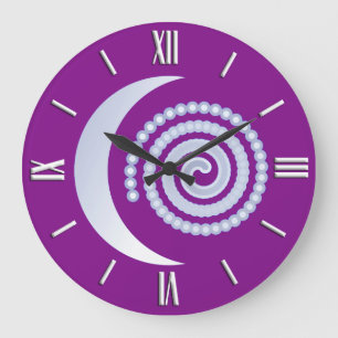 Grande Horloge Ronde Spirale de lune d'argent, violet profond