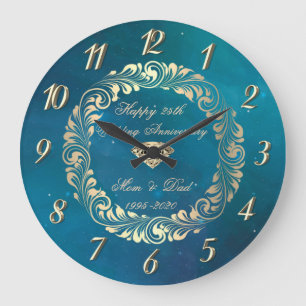 Grande Horloge Ronde Spirales élégantes Bleu 25e anniversaire de mariag
