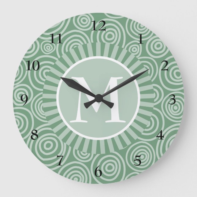 Grande Horloge Ronde Spirales vertes Monogrammes - Personnalisées (Recto)