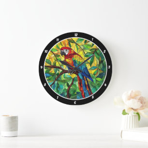 Grande Horloge Ronde Splendor Tropical" - Macaw En Verre Tiré