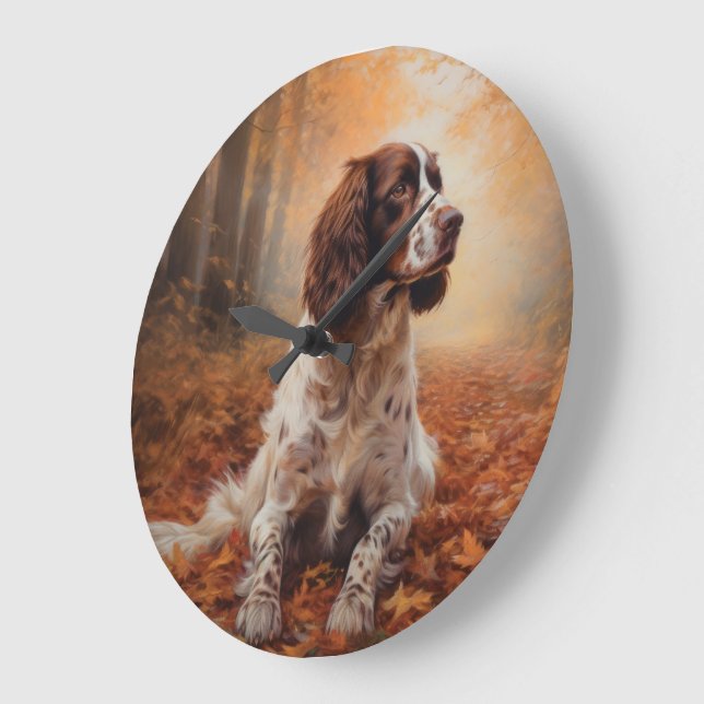 Grande Horloge Ronde Springer Spaniel à l'automne Feuilles automne Insp (Angle)