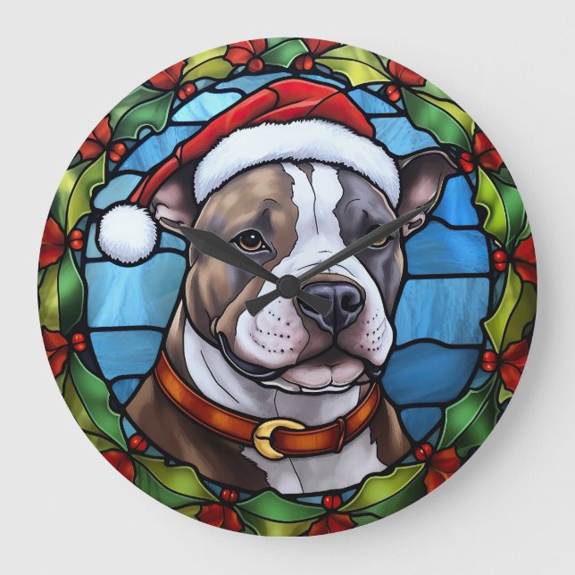 Grande Horloge Ronde Staffordshire Bull Terrier Vitrail Noël (Recto)
