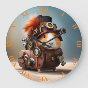 Grande Horloge Ronde Steampunk Cute Guinea Pig Imaginaire rouillé Vinta