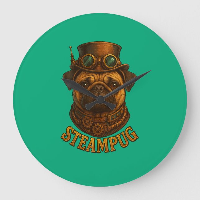 Grande Horloge Ronde Steampunk Pug Wall Clock - vintage "Steampug" (Recto)