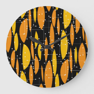 Grande Horloge Ronde Style atomique, motif géométrique noir orange.