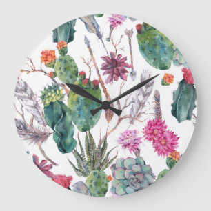 Grande Horloge Ronde Style Boho, Aquarelle Vintage Cactus.
