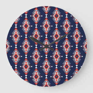 Grande Horloge Ronde Style ethnique, motif sans couture géométrique.