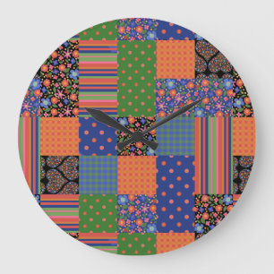 Grande Horloge Ronde Style Folk Art Faux Patchwork Acrylique Mur Horlog