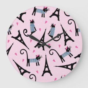 Grande Horloge Ronde Style Français Chat Habillé Avec Motif Tour Eiffel
