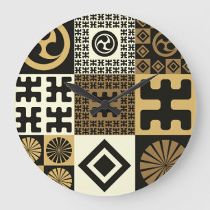 Grande Horloge Ronde Style japonais, or noir sans couture motif.