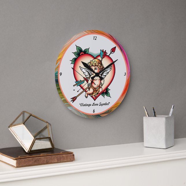 Grande Horloge Ronde Style Tatouage Cupidé De Vieille École (Bureau)