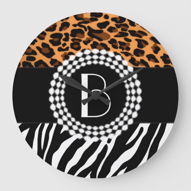Grande Horloge Ronde Stylish Animal Prints Zebra et Leopard Patterns (Recto)