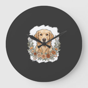 Grande Horloge Ronde Sublimation Retriever Doré Floral