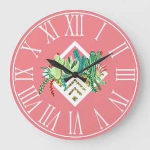 Grande Horloge Ronde Succulents branchés & Terrarium Cactus