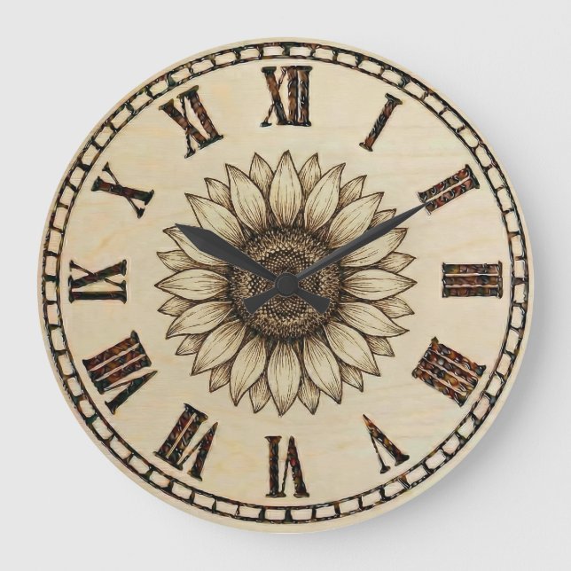 Grande Horloge Ronde Sunflower Wood Burned Wall Clock (Recto)