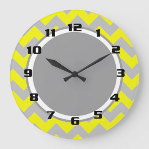 Grande Horloge Ronde Sunny Yellow et Grey Chevron Motif
