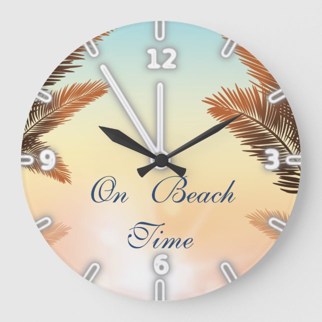 Grande Horloge Ronde Sur le temps de la plage, feuilles de palmier (Recto)