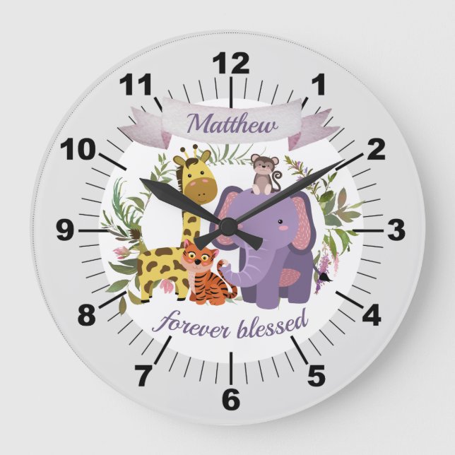 Grande Horloge Ronde Sweet Jungle Safari Animaux Baby Boy (Recto)