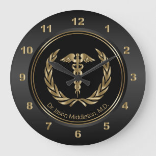 Grande Horloge Ronde Symbole Médicale d'or en noir