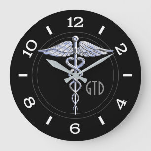 Grande Horloge Ronde Symbole Médicale Monogramme Caduceus sur noir