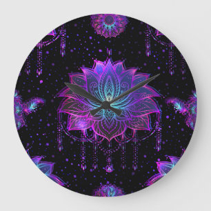 Grande Horloge Ronde Symbole orange Lotus Fleur sans couture